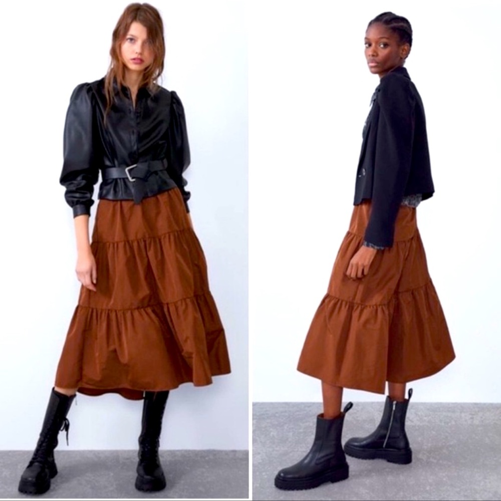 Zara Tiered Cinnamon Brown Voluminous MIDI Taffeta Skirt.